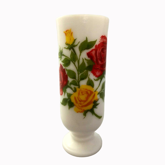 Avon Red Yellow Roses Flowers White Milk Glass Mug Handled Pedestal Bud Vase - Picture 3 of 13